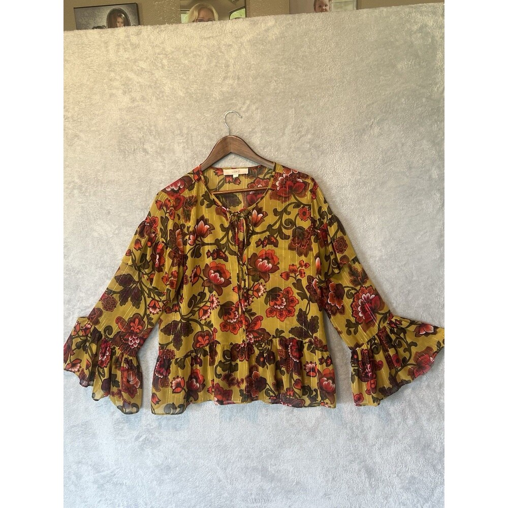 LOFT Floral Blouse Womens Lg Mustard Yellow Tie Neck Modern-Boho Long Sleeve
